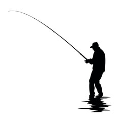 Obraz premium a black silhouette of a man fishing. He is standing in the water and is holding a fishing rod with both hands. The man is facing towards the right side of the image and appears to be casting his line 
