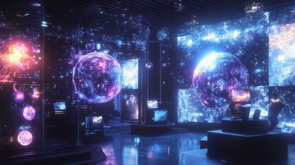 Fototapeta premium Futuristic Room with Holographic Displays of Galaxies.