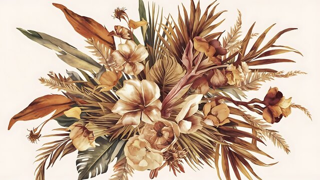 Watercolor boho dried tropical floral bouquets seamless pattern. Hand drawn floral set perfect for wedding invitation, fabric, textile, digital scrapbooking, greeting cards.