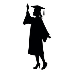 a black silhouette of a person wearing a graduation cap and gown. The person is standing with their left arm raised in the air, as if they are waving or celebrating