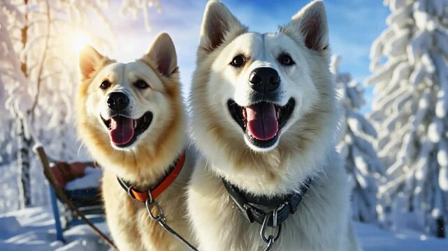 Two white huskies panting in snowy forest setting