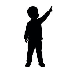 a child standing with their back to the viewer. The child is facing towards the right side of the image and is pointing upwards with their right hand