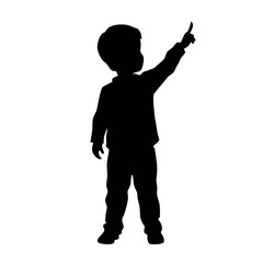 a child standing with their back to the viewer. The child is facing towards the right side of the image and is pointing upwards with their right hand