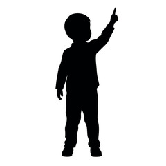 a child standing with their back to the viewer. The child is facing towards the right side of the image and is pointing upwards with their right hand
