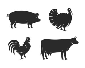 Pig, Turkey, Rooster, Cow logo. Farm Animals silhouettes for Emblem design. Simple animals icons. Vector illustration