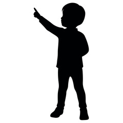 a child standing with their back to the viewer. The child is facing towards the right side of the image and is pointing upwards with their right hand