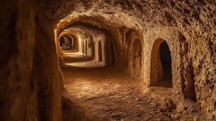 A narrow, dimly lit tunnel carved into a rock face, with a series of arched openings along the side.