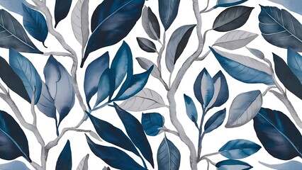 Fototapeta premium Watercolor blue and grey leaves and branches seamless pattern, hand painted on a white background
