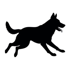 a dog running. The dog appears to be a German Shepherd or a similar breed. It is in mid-stride, with its front legs stretched out and its tail wagging