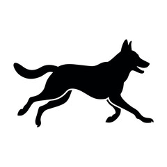 a dog running. The dog appears to be a German Shepherd or a similar breed. It is in mid-stride, with its front legs stretched out and its tail wagging