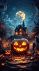 Fototapeta premium Halloween spooky night scene with a glowing pumpkin, eerie haunted house, floating ghosts, and flying bats, creating the perfect atmosphere for Halloween-themed or ads in a Halloween commercial