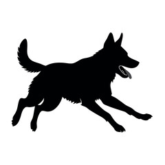 a dog running. The dog appears to be a German Shepherd or a similar breed. It is in mid-stride, with its front legs stretched out and its tail wagging