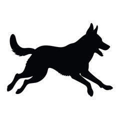 a dog running. The dog appears to be a German Shepherd or a similar breed. It is in mid-stride, with its front legs stretched out and its tail wagging