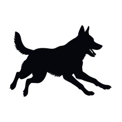 a dog running. The dog appears to be a German Shepherd or a similar breed. It is in mid-stride, with its front legs stretched out and its tail wagging