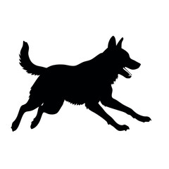 a dog running. The dog appears to be a German Shepherd or a similar breed. It is in mid-stride, with its front legs stretched out and its tail wagging