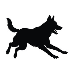 a dog running. The dog appears to be a German Shepherd or a similar breed. It is in mid-stride, with its front legs stretched out and its tail wagging