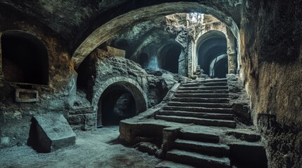 A staircase leading up to an unknown destination within an ancient underground passageway.