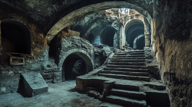 A staircase leading up to an unknown destination within an ancient underground passageway.