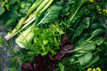 Obraz premium set of green leafy fresh healthy vegetables, top view