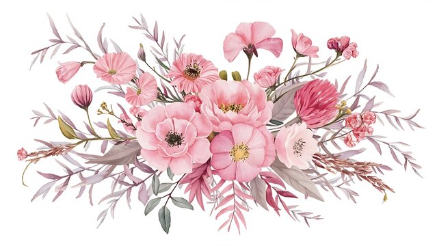 Watercolor floral bouquet with pink flowers, leaves and branches. Isolated delicate composition on a white background. Romantic florals clip art pefect for wedding invitation and card making