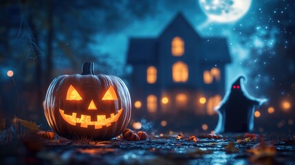 Obraz premium Halloween festive night with a carved pumpkin lit up, bats flying across a creepy haunted house in the background, setting the perfect tone for spooky-themed branding in a Halloween commercial.