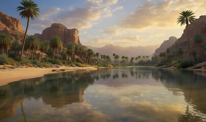 Obraz premium A tranquil oasis with waterfall, palm trees and golden sunset light
