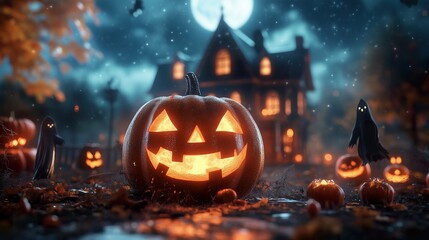 Fototapeta premium Halloween spooky pumpkin glowing with a haunted house and floating ghosts in the background, ideal for setting a haunting mood for marketing, ads, or seasonal designs for a Halloween commercial.