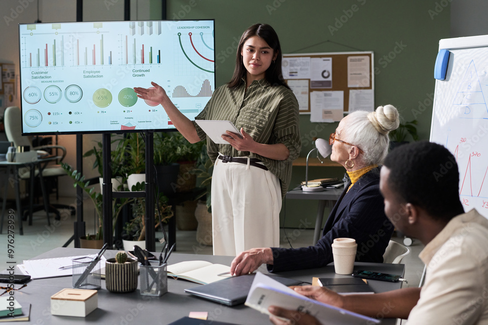 Poster Businesswoman explaining strategies to colleagues using graph visuals in modern office environment with charts and data on display screen and whiteboard