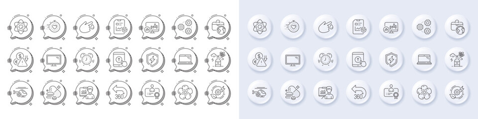 Time management, Certificate and Monitor line icons. White pin 3d buttons, chat bubbles icons. Pack of 360 degrees, Timer, Overeating pills icon. Vector