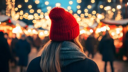 Obraz premium A woman in winter with her back to the camera, standing at an outdoor Christmas market decorated for the holiday season