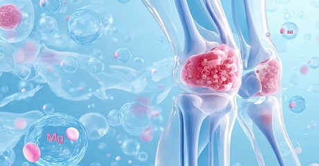 Illustration of a knee joint with magnesium elements for bone and joint health, depicting cartilage regeneration and cellular vitality