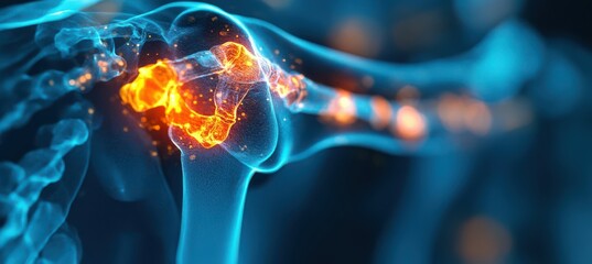 Detailed illustration of an X-ray showcasing inflammation in the left shoulder joint with highlighted areas in vibrant orange and blue tones