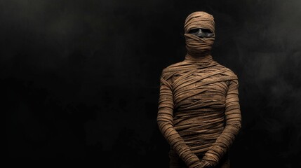 A mysterious figure completely wrapped in burlap cloth standing against a dark background, evoking a sense of enigma and suspense.