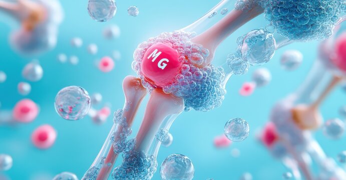 Illustration of a knee joint featuring magnesium molecules and vibrant cellular structures in a dynamic blue background
