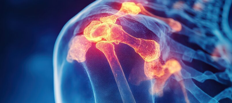 Illustration of an X-ray showing the left shoulder joint with highlighted areas indicating possible inflammation or injury in a medical context