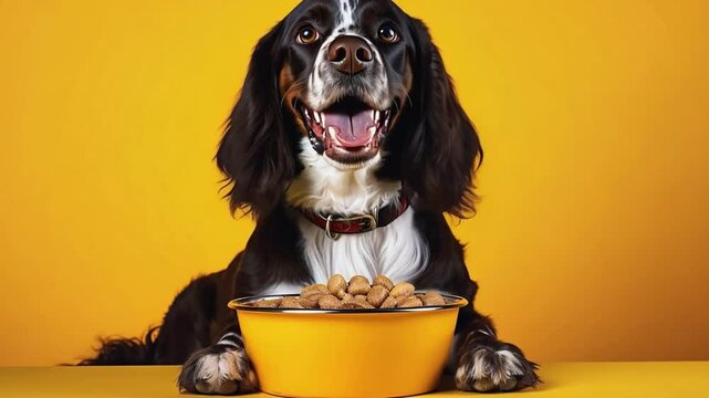 Cute dog is posing with a food bowl full of dry food on a yellow background
