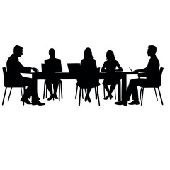 a group of six people sitting around a long table. The table is rectangular in shape and appears to be made of wood