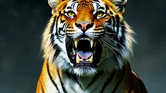 A large, angry tiger displays its powerful growl in the wild, showcasing its magnificent features and intimidating presence at dawn. Witness this fierce moment in nature.