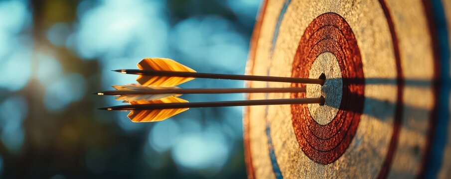 Three arrows hitting the center of a target symbolizing precision, focus, and accuracy in archery against a blurred natural background
