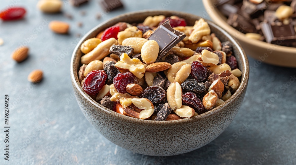 Wall mural a bowl of trail mix with nuts, dried cranberries, and chocolate pieces.