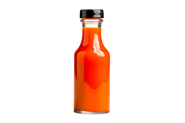 Closeup of Louisiana Sauce in glass bottle isolated on a white transparent background. Concept of food or culinary ingredient