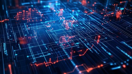 Fototapeta premium A blueprint illustration of a tech-driven business expansion, featuring rising charts and circuit lines symbolizing growth