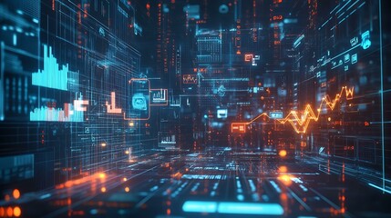 A digital blueprint showing a business's expansion through technology, with arrows, charts, and tech icons moving upward