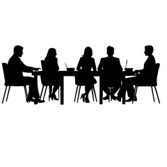 a group of six people sitting around a long table. The table is rectangular in shape and appears to be made of wood
