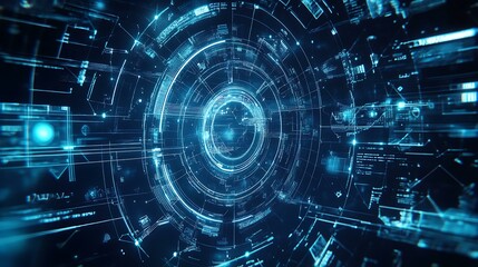 Obraz premium A futuristic blueprint of a business growth model with integrated technology elements, including graphs and network structures