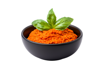 Fresh Rosso Pesto sauce in glass bowl topped with green basil leaves isolated on a white transparent background. Concept of condiments and homemade cooking