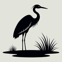 a heron standing on the edge of a body of water. The heron is facing towards the right side of the image, with its long neck and legs extended