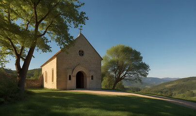 An ancient chapel in a secluded valley surrounded by verdant trees