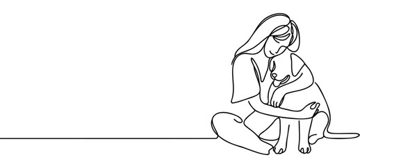 Friendship between human and animal in line art style vector. Dog with human continuous line minimalist logo. Linear black and white illustration on a white background