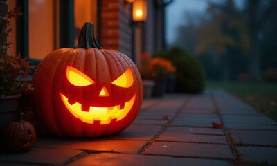 Halloween Jack-o'-lantern, glowing pumpkin, spooky atmosphere - Powered by Adobe